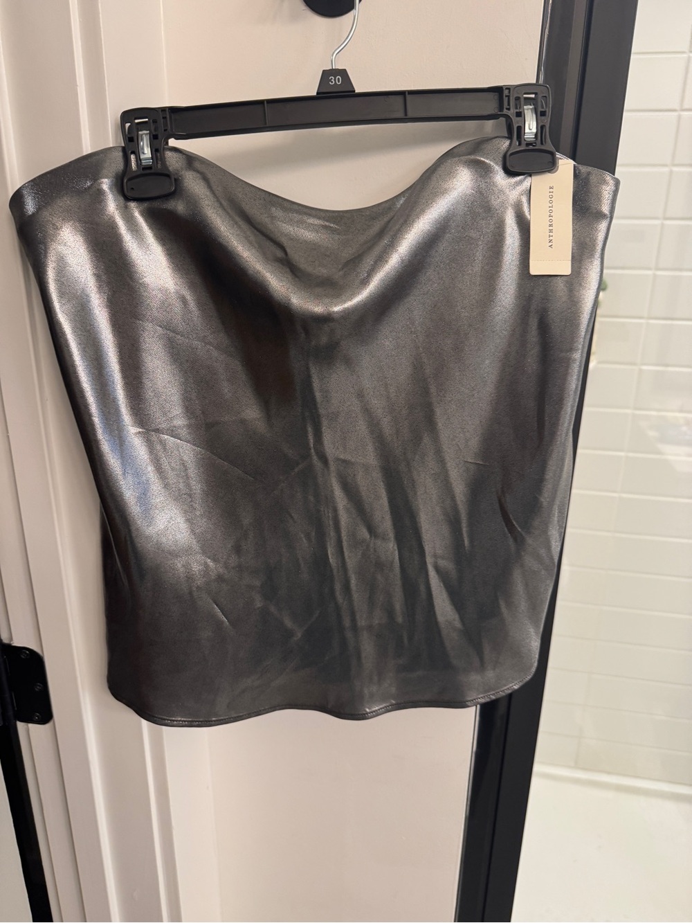 Anthropologie Metallic Gunmetal Strapless tunic top